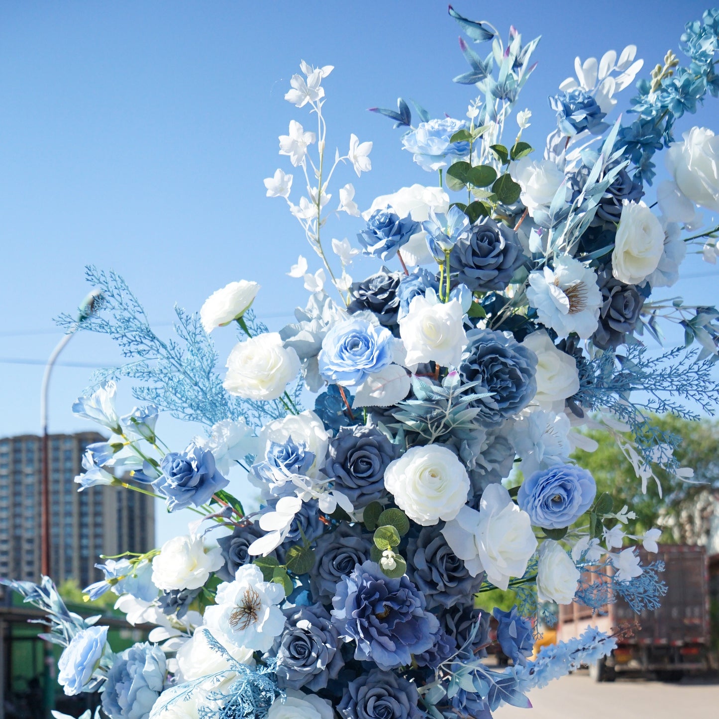 Blue & White Rose Misty Blue Horn Faux Floral Arch