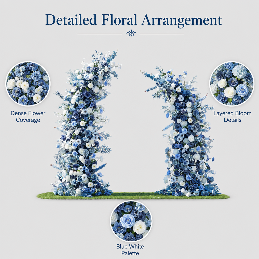 Blue & White Rose Misty Blue Horn Faux Floral Arch