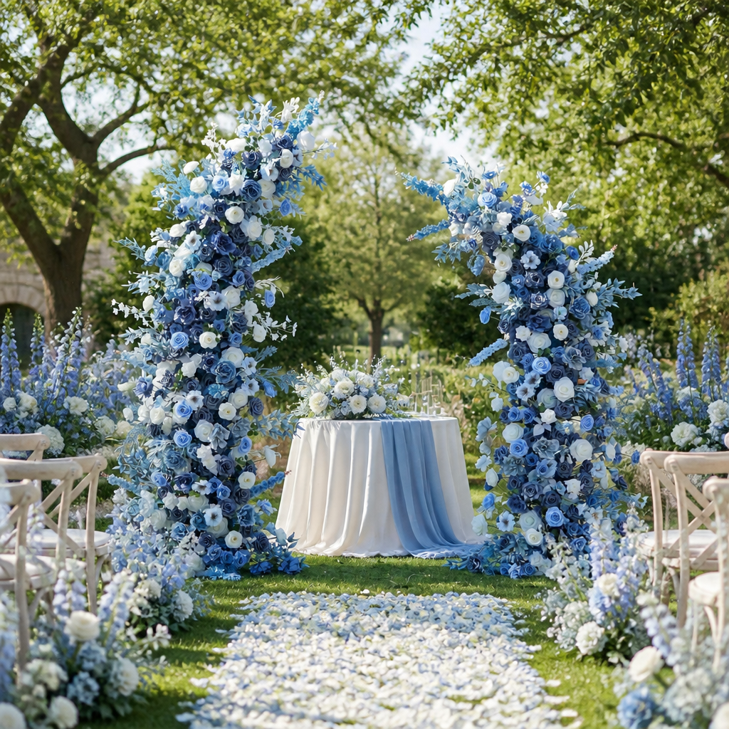 Blue & White Rose Misty Blue Horn Faux Floral Arch