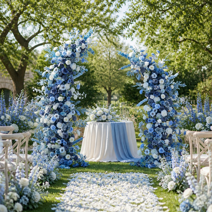 Blue & White Rose Misty Blue Horn Faux Floral Arch