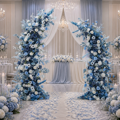 Blue & White Rose Misty Blue Horn Faux Floral Arch