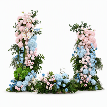 Pastel Blue & Pink Hydrangea Tiered Flower Arch