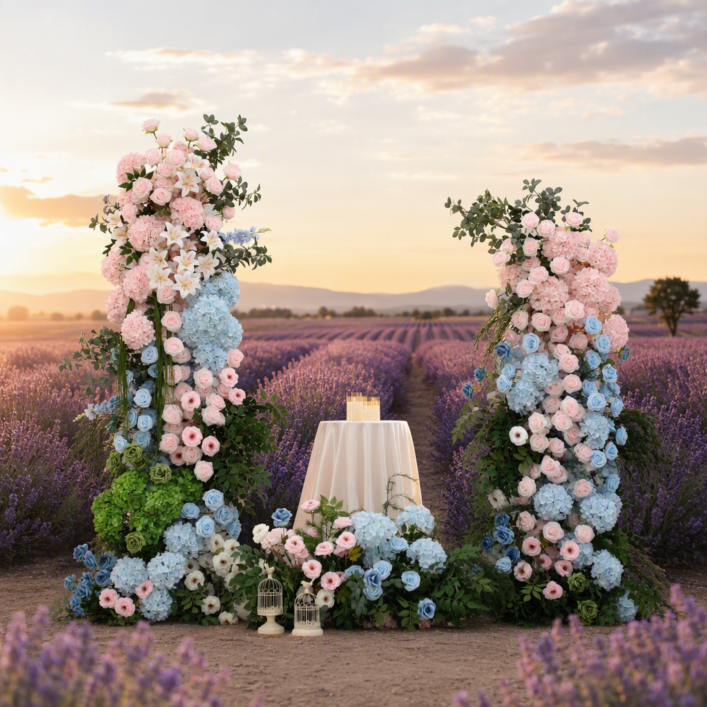 Pastel Blue & Pink Hydrangea Tiered Flower Arch