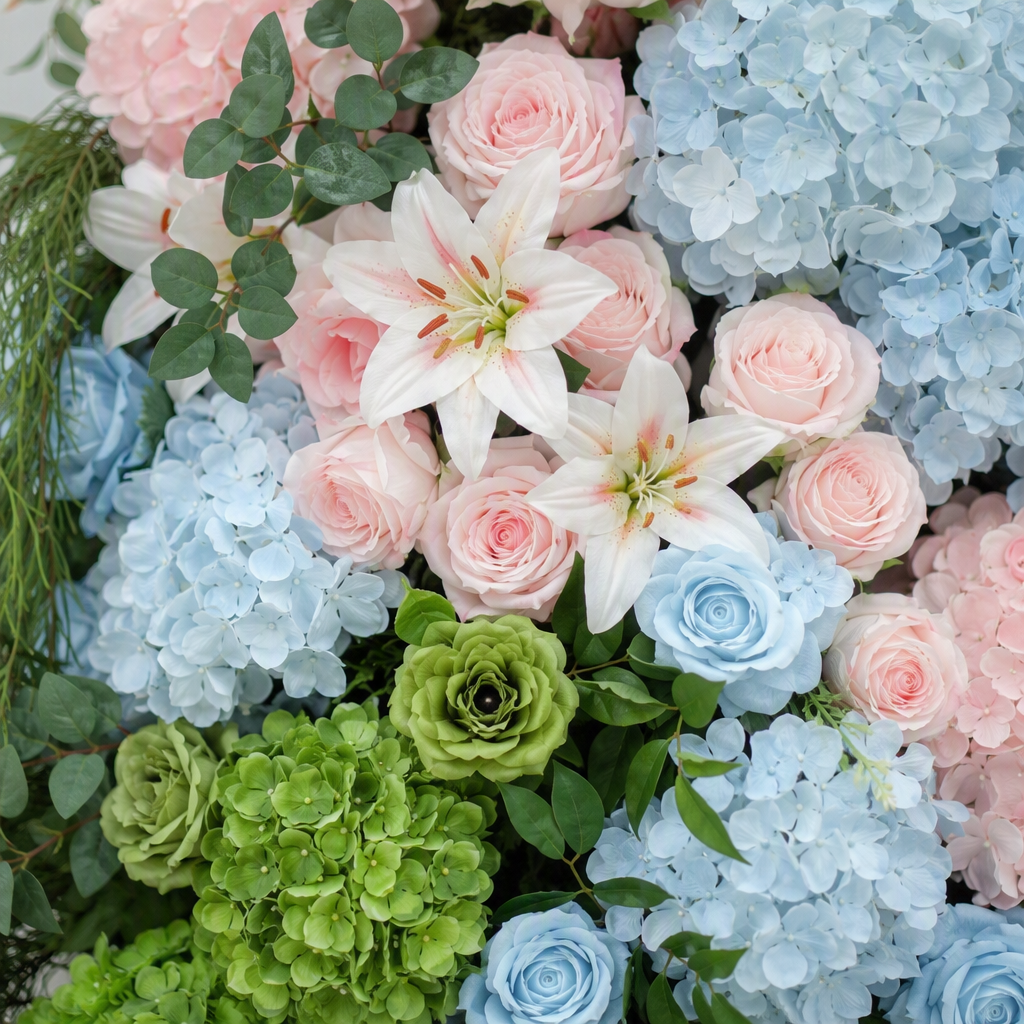 Pastel Blue & Pink Hydrangea Tiered Flower Arch