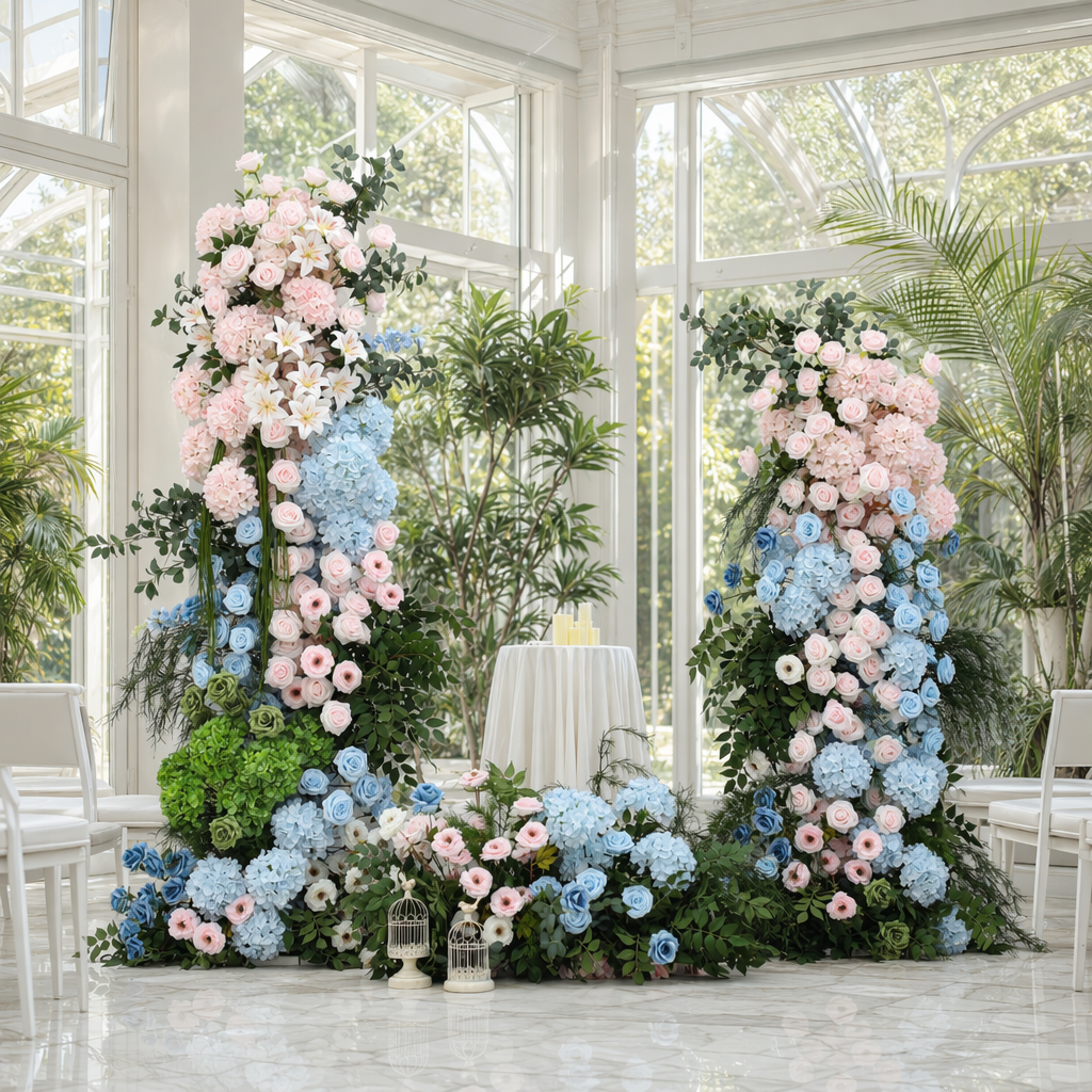 Pastel Blue & Pink Hydrangea Tiered Flower Arch