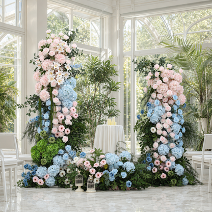 Pastel Blue & Pink Hydrangea Tiered Flower Arch
