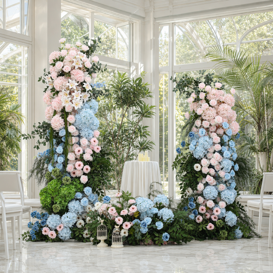 Pastel Blue & Pink Hydrangea Tiered Flower Arch