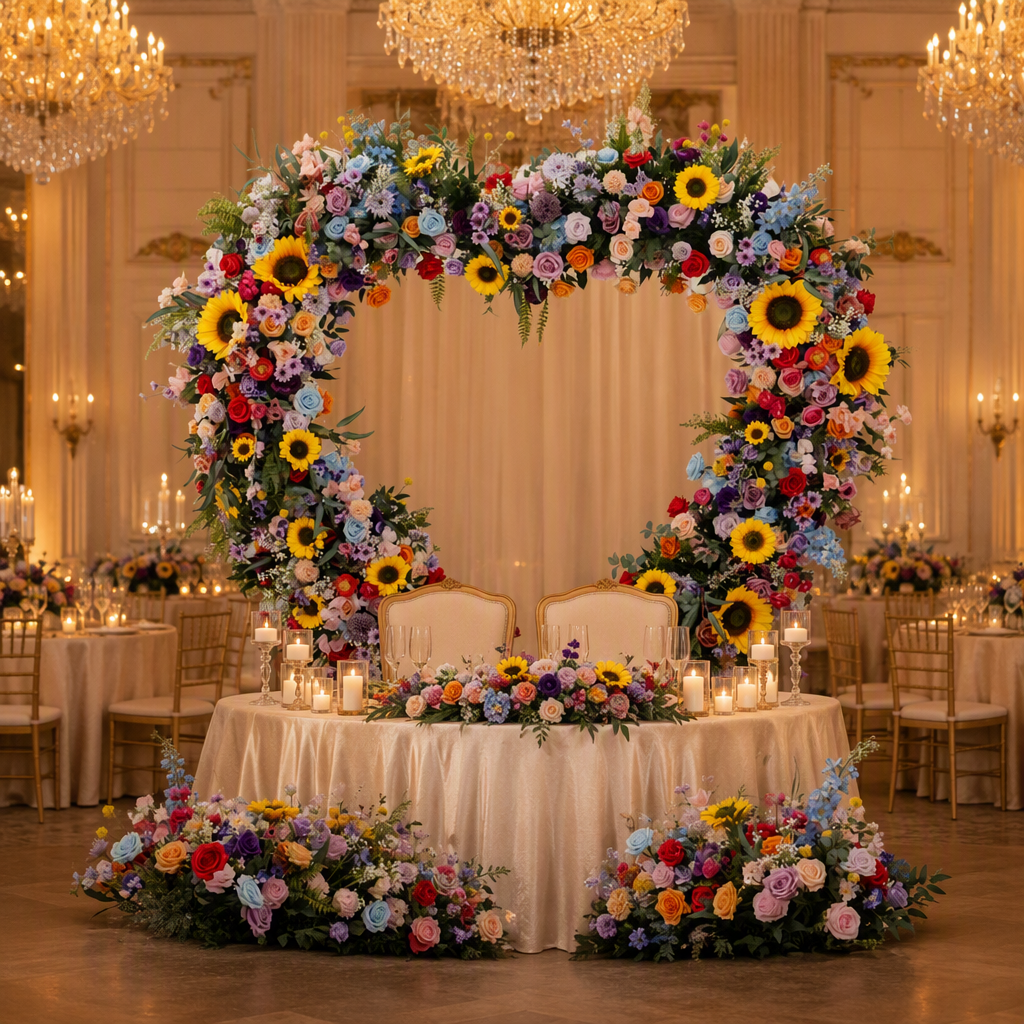 Sunflower, Lotus & Multicolor Heart Faux Floral Arch