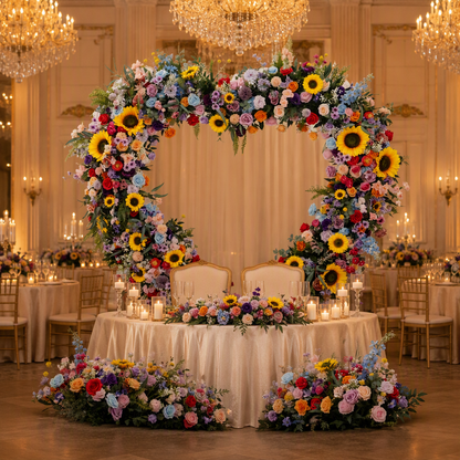 Sunflower, Lotus & Multicolor Heart Faux Floral Arch