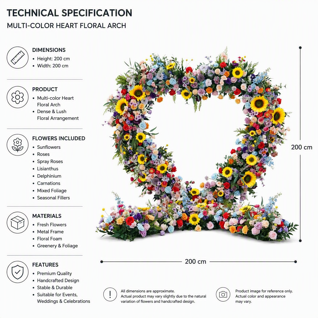Sunflower, Lotus & Multicolor Heart Faux Floral Arch