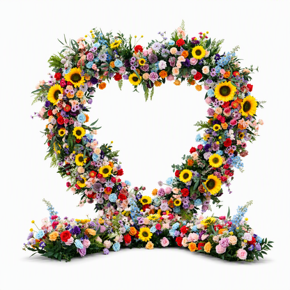 Sunflower, Lotus & Multicolor Heart Faux Floral Arch