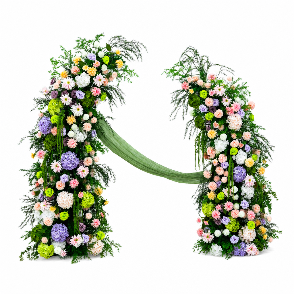 Dahlia, Drooping Millet & Green Foliage Arch