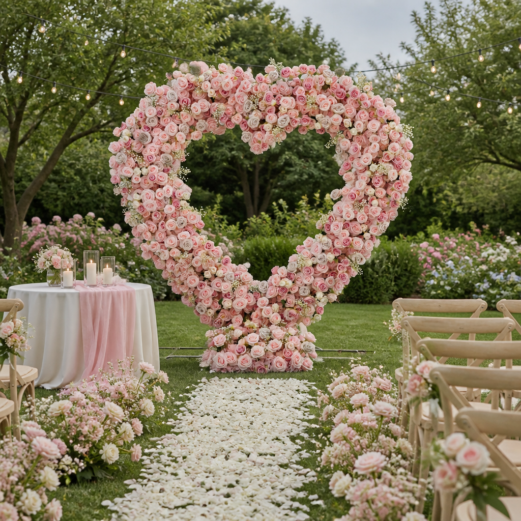 Pink Rose Heart Faux Floral Arch