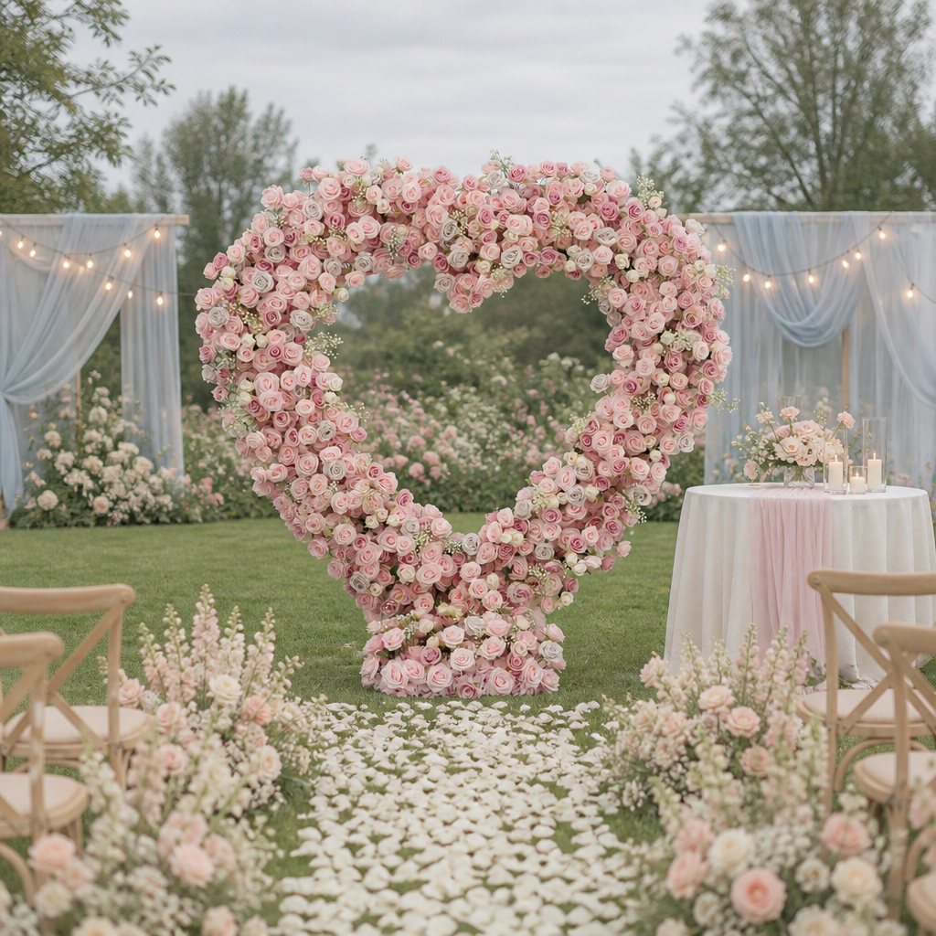 Pink Rose Heart Faux Floral Arch