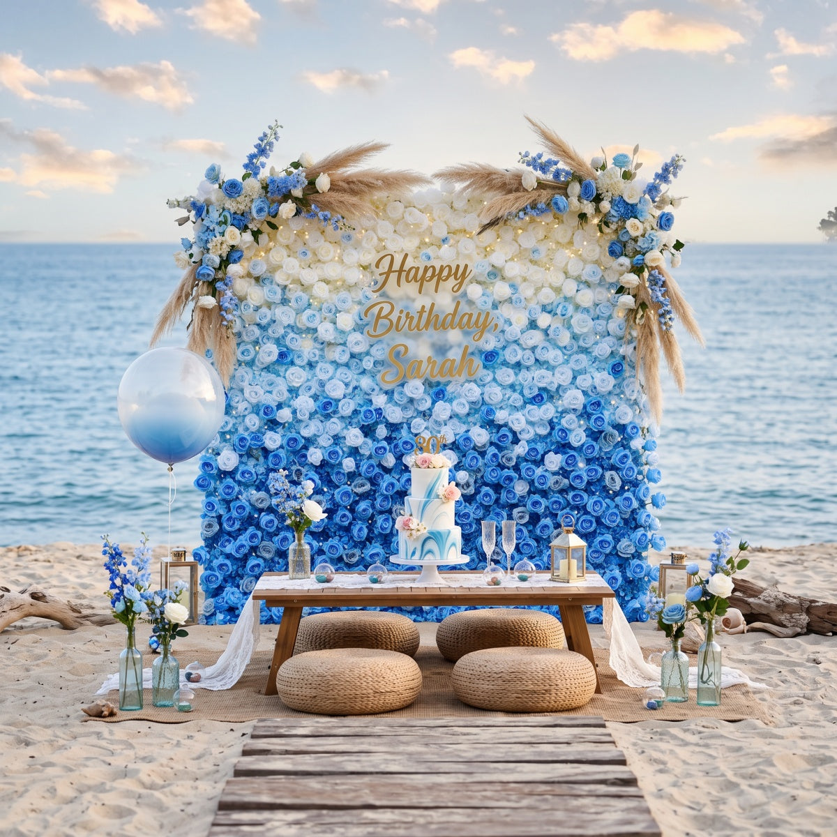 Blue and White Gradient Rose Walls